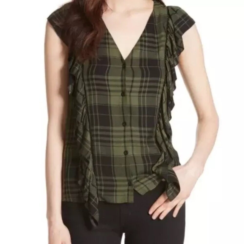 Alice + Olivia Janet Side Ruffle Plaid Blouse in Army Green and Black